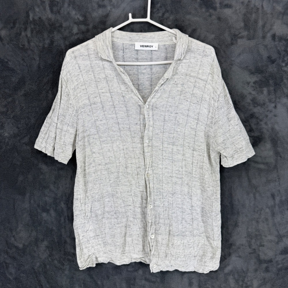 Venroy Mens‎ 100% Linen Short Sleeve Knit Shirt Light Grey Size L Camp Collar